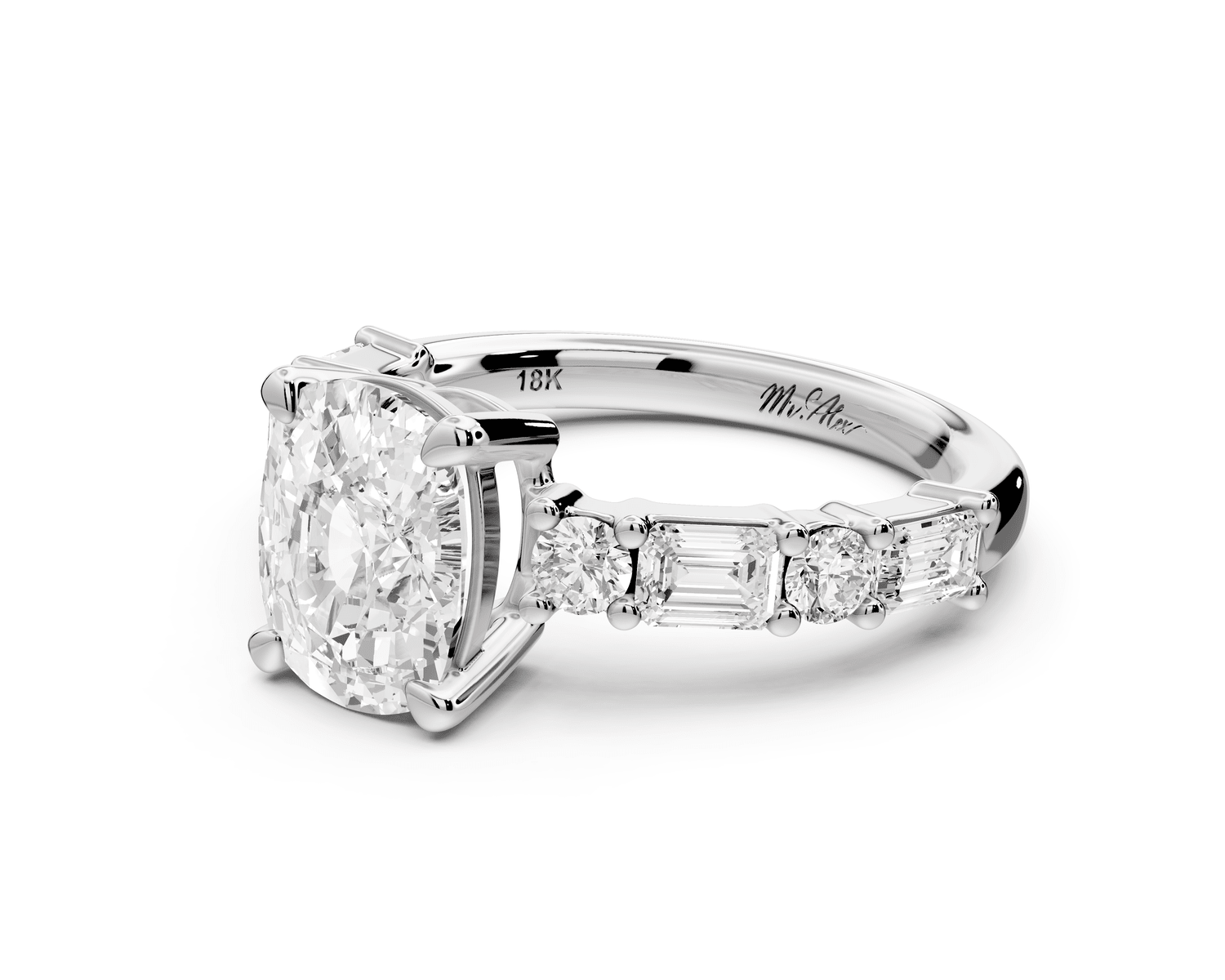 Juliette - 2ct platinum ecushion with Alternating Round and Emerald 8 - Stone Band Engagement Ring - Mr. Alex Jewelry