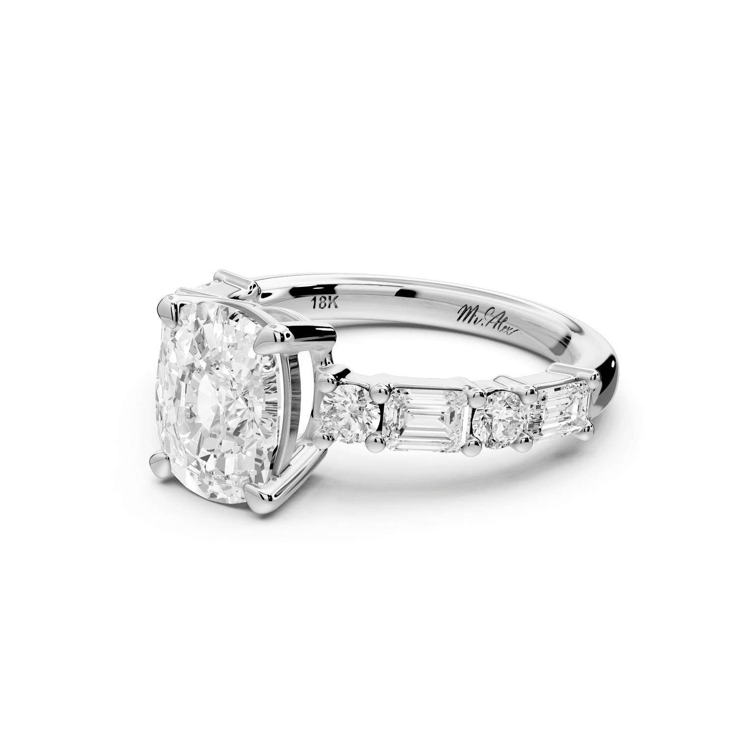 Juliette - 2ct platinum ecushion with Alternating Round and Emerald 8 - Stone Band Engagement Ring - Mr. Alex Jewelry