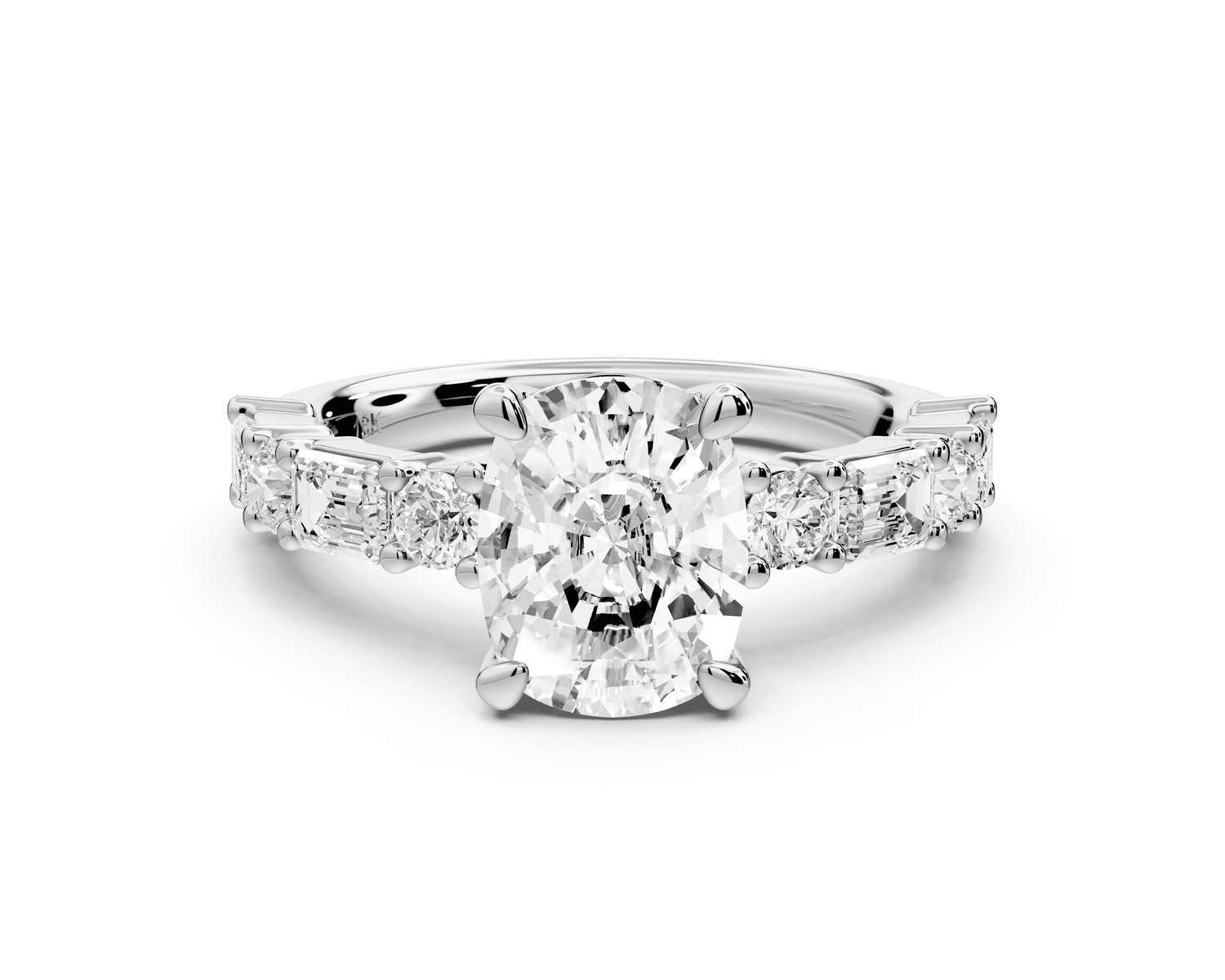 Juliette - 2ct platinum ecushion with Alternating Round and Emerald 8 - Stone Band Engagement Ring - Mr. Alex Jewelry
