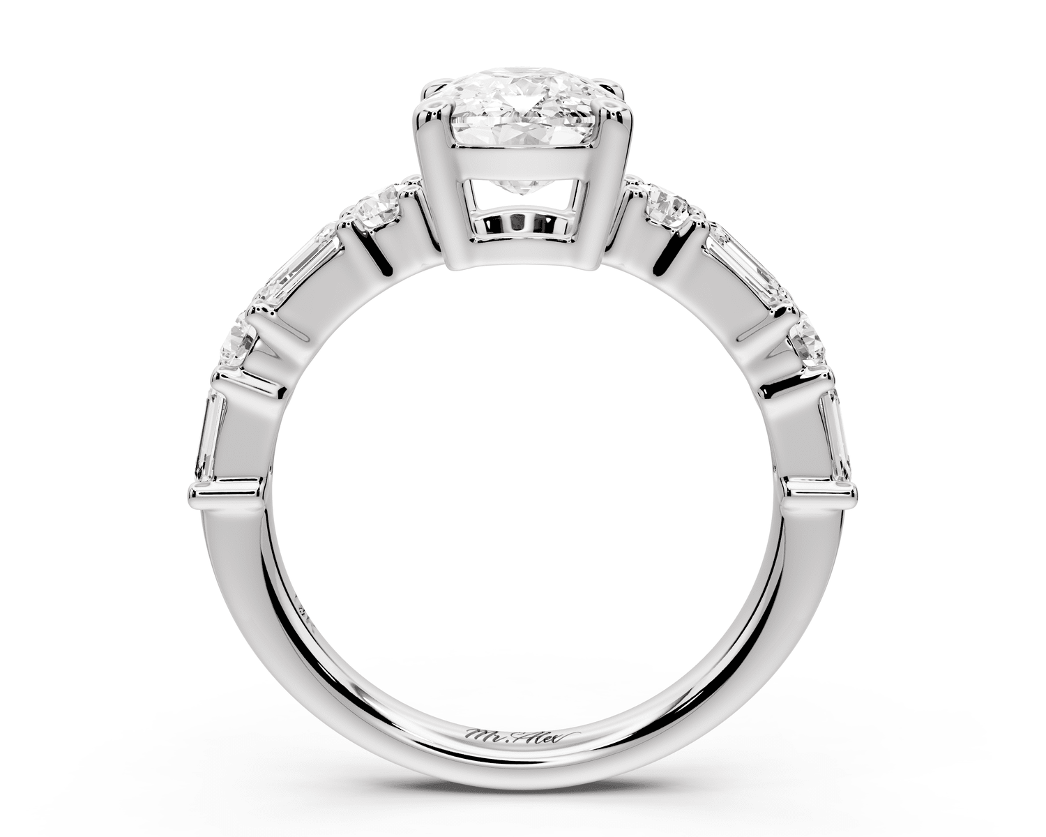 Juliette - 2ct platinum ecushion with Alternating Round and Emerald 8 - Stone Band Engagement Ring - Mr. Alex Jewelry