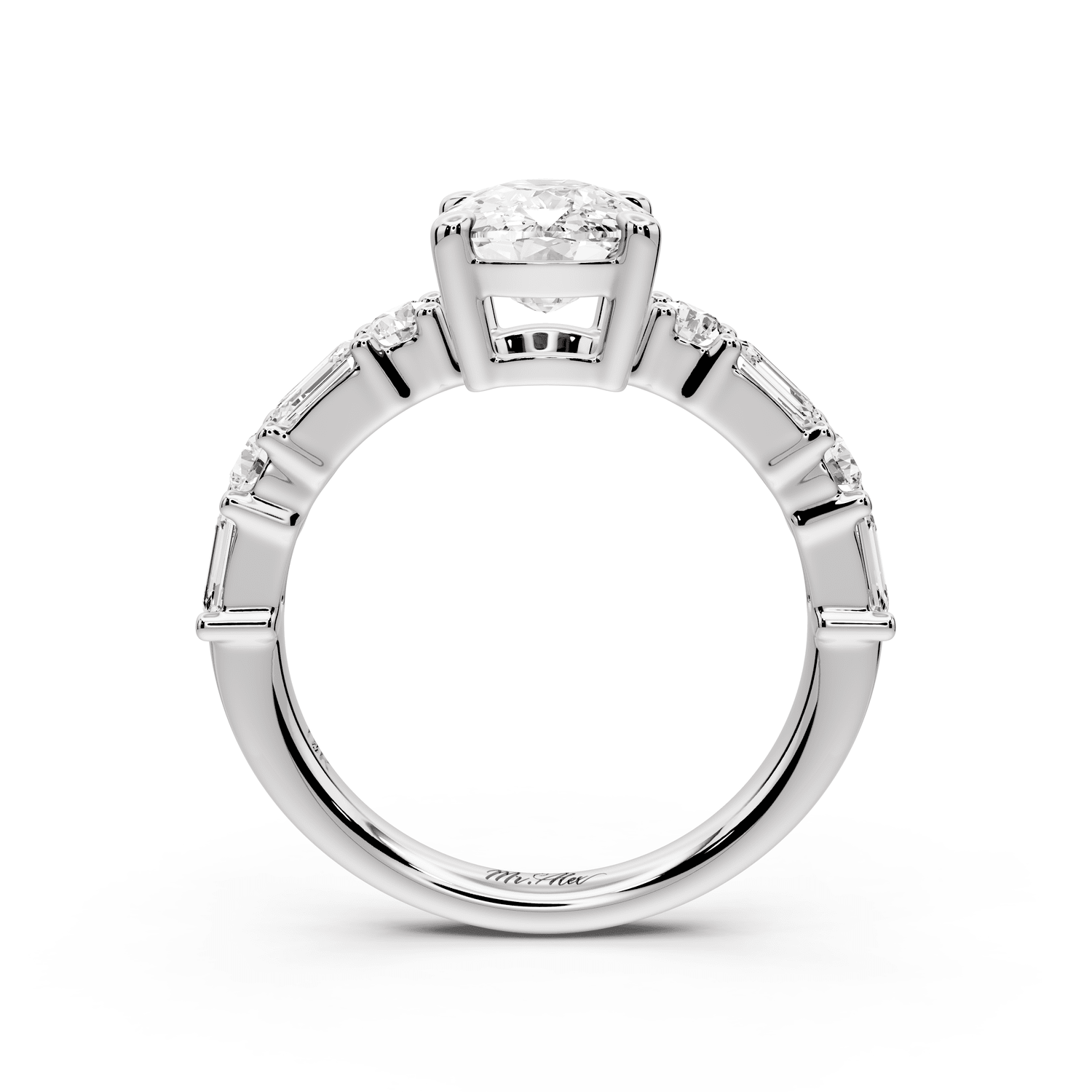 Juliette - 2ct platinum ecushion with Alternating Round and Emerald 8 - Stone Band Engagement Ring - Mr. Alex Jewelry