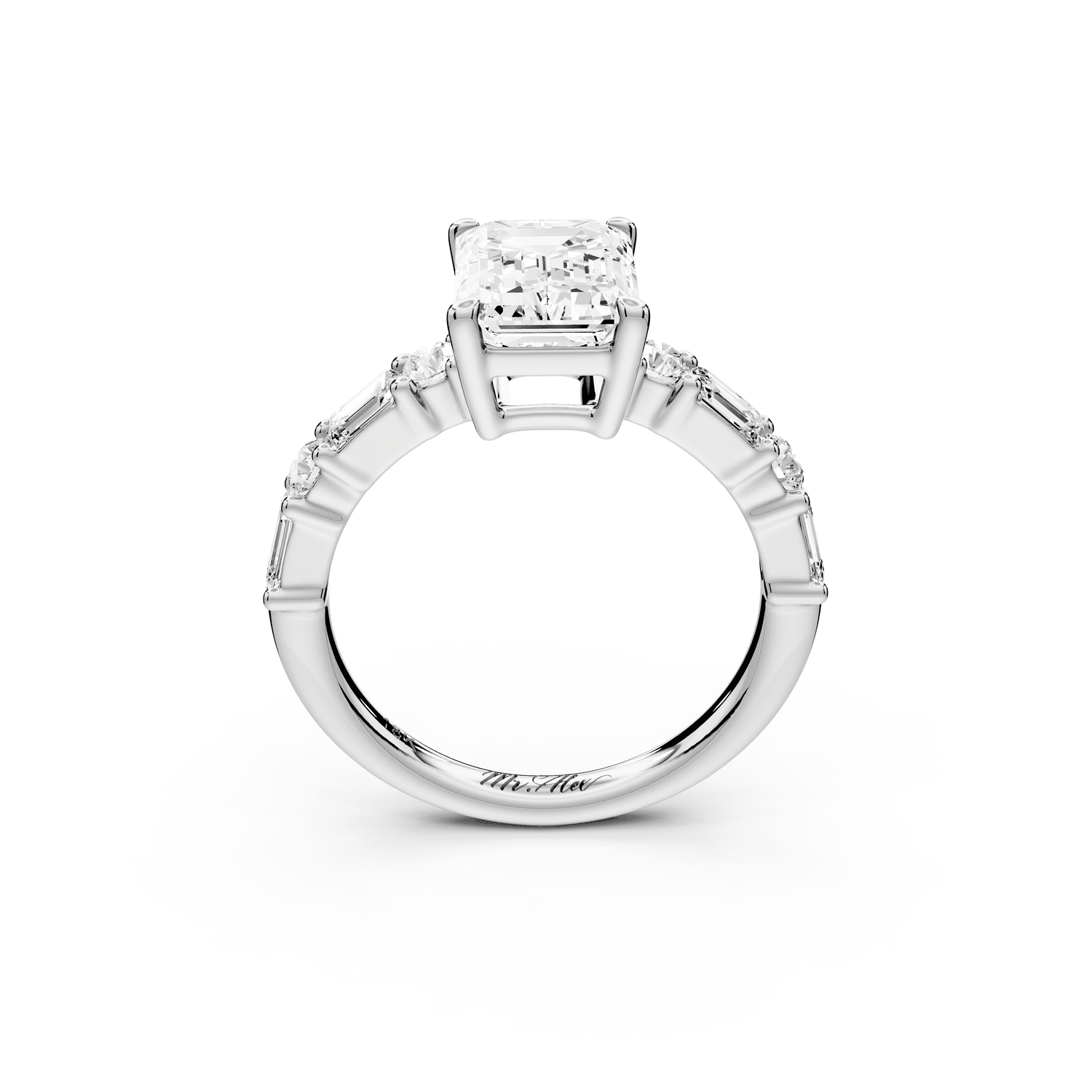 Juliette - 2ct platinum emerald with Alternating Round and Emerald 8 - Stone Band Engagement Ring - Mr. Alex Jewelry