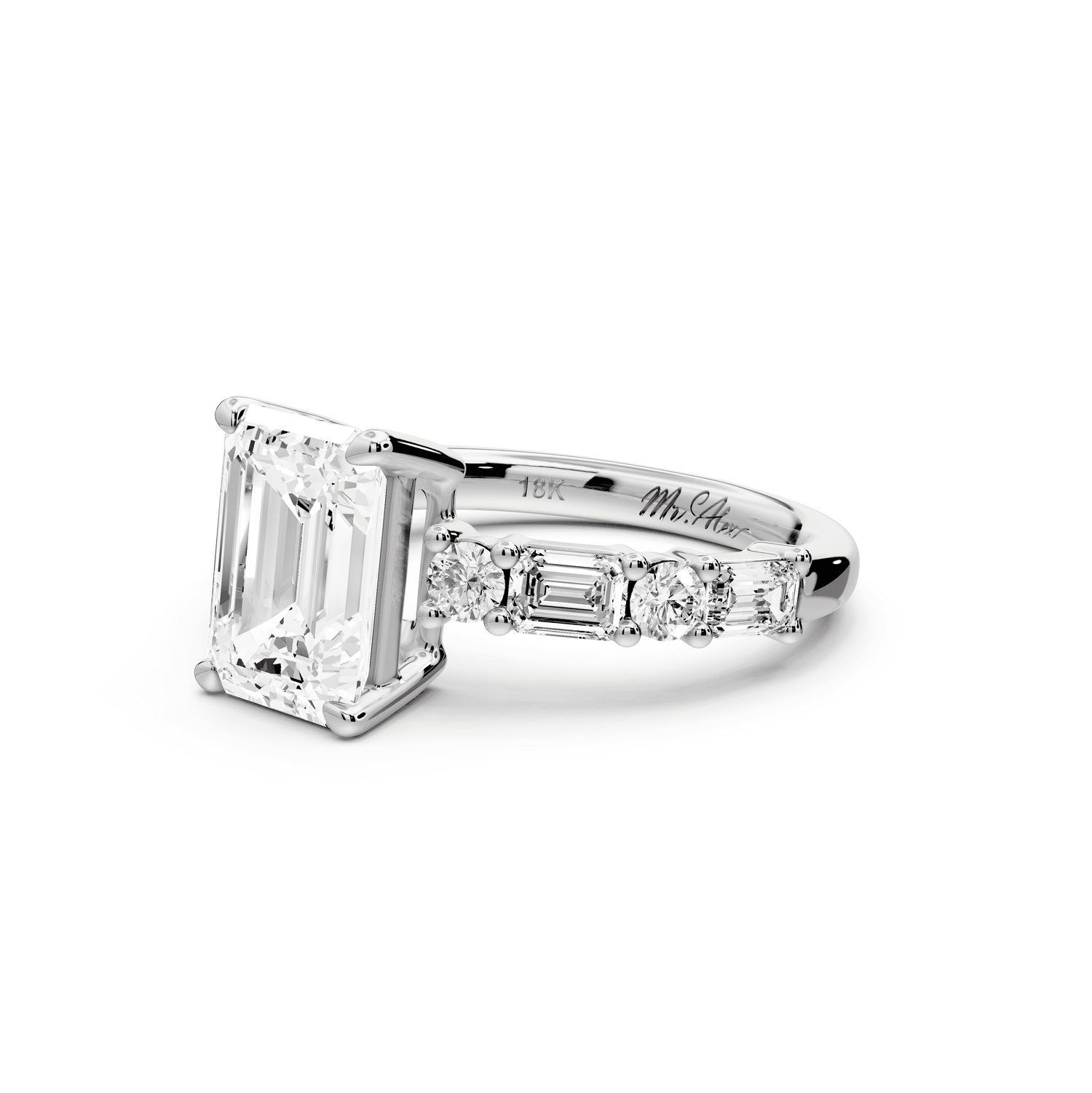 Juliette - 2ct platinum emerald with Alternating Round and Emerald 8 - Stone Band Engagement Ring - Mr. Alex Jewelry