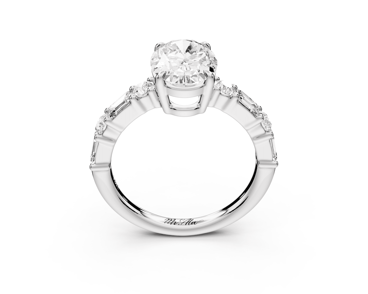 Juliette - 2ct platinum oval with Alternating Round and Emerald 8 - Stone Band Engagement Ring - Mr. Alex Jewelry