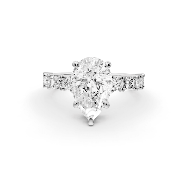 Juliette - 2ct platinum pear with Alternating Round and Emerald 8 - Stone Band Engagement Ring - Mr. Alex Jewelry