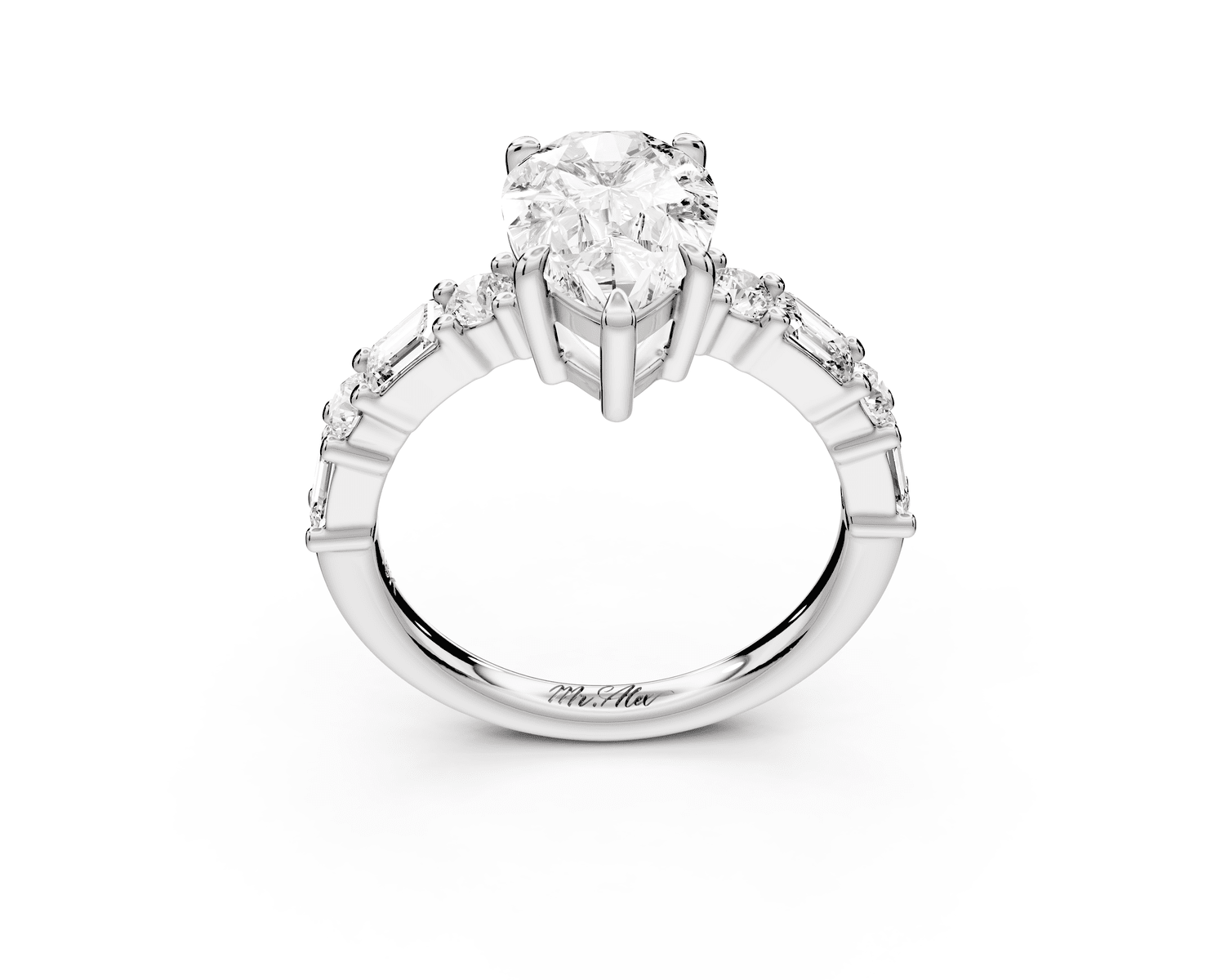 Juliette - 2ct platinum pear with Alternating Round and Emerald 8 - Stone Band Engagement Ring - Mr. Alex Jewelry