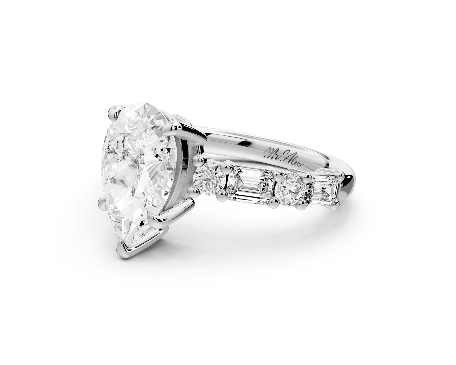 Juliette - 2ct platinum pear with Alternating Round and Emerald 8 - Stone Band Engagement Ring - Mr. Alex Jewelry