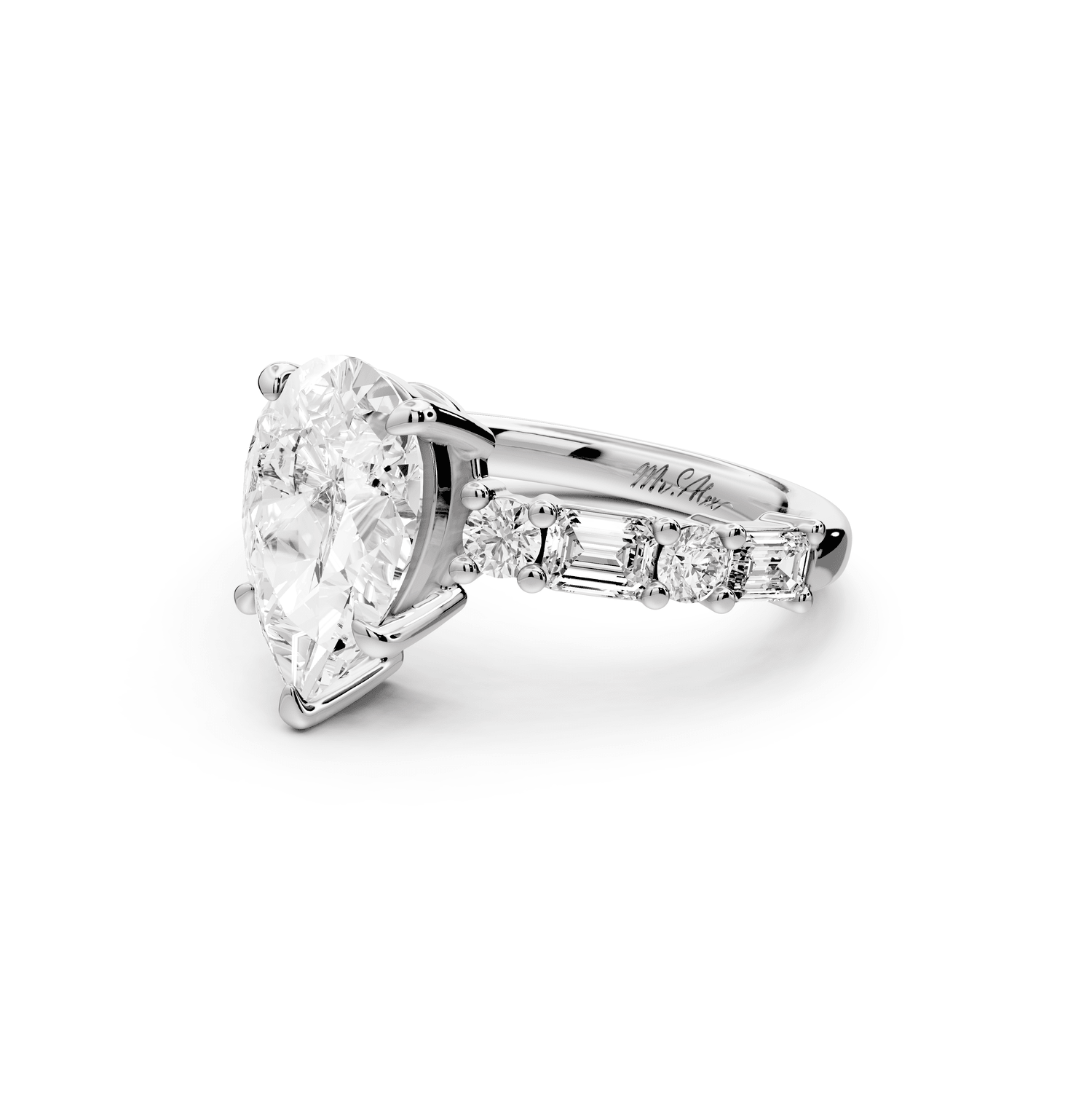 Juliette - 2ct platinum pear with Alternating Round and Emerald 8 - Stone Band Engagement Ring - Mr. Alex Jewelry