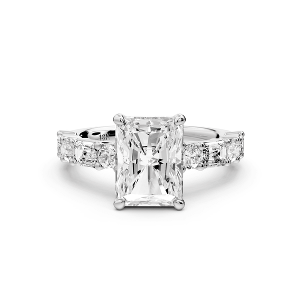 Juliette - 2ct platinum radiant with Alternating Round and Emerald 8 - Stone Band Engagement Ring - Mr. Alex Jewelry