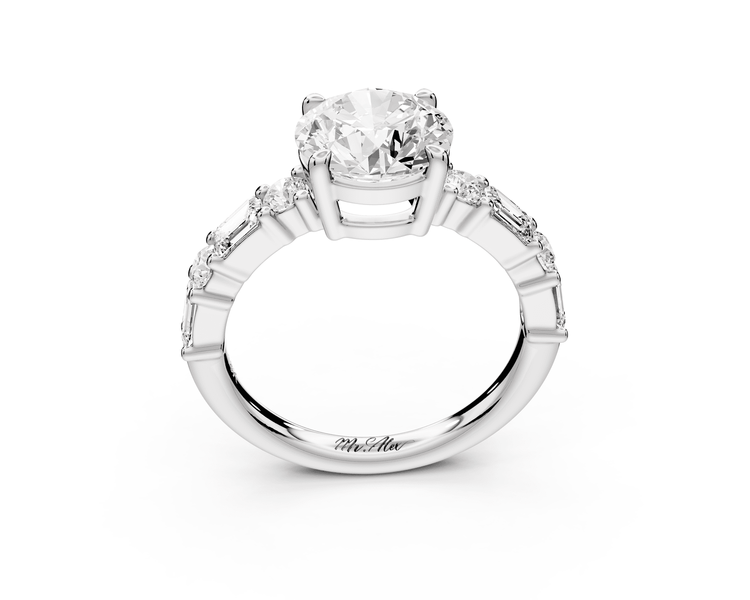 Juliette - 2ct platinum round with Alternating Round and Emerald 8 - Stone Band Engagement Ring - Mr. Alex Jewelry