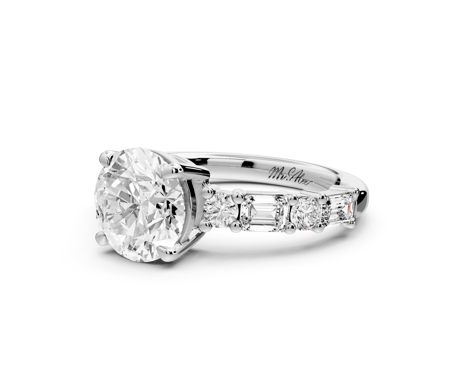 Juliette - 2ct platinum round with Alternating Round and Emerald 8 - Stone Band Engagement Ring - Mr. Alex Jewelry