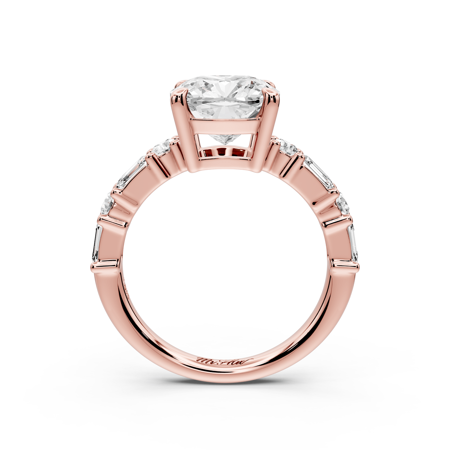 Juliette - 3ct 14k rose gold cushion with Alternating Round and Emerald 8 - Stone Band Engagement Ring - Mr. Alex Jewelry