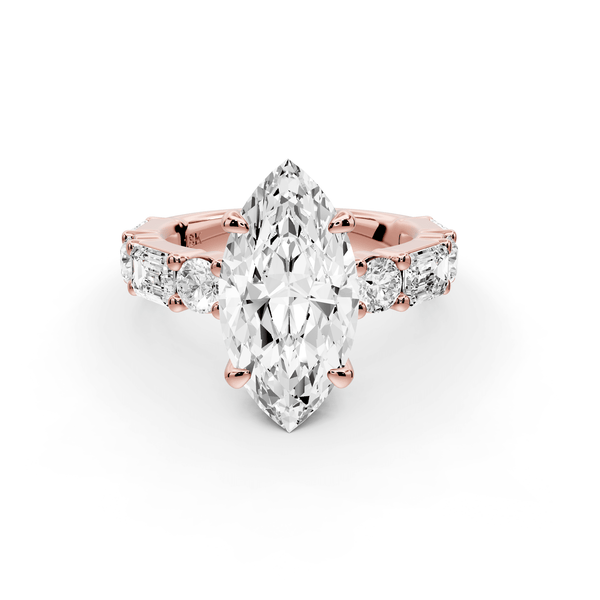 Juliette - 3ct 14k rose gold marquise with Alternating Round and Emerald 8 - Stone Band Engagement Ring - Mr. Alex Jewelry