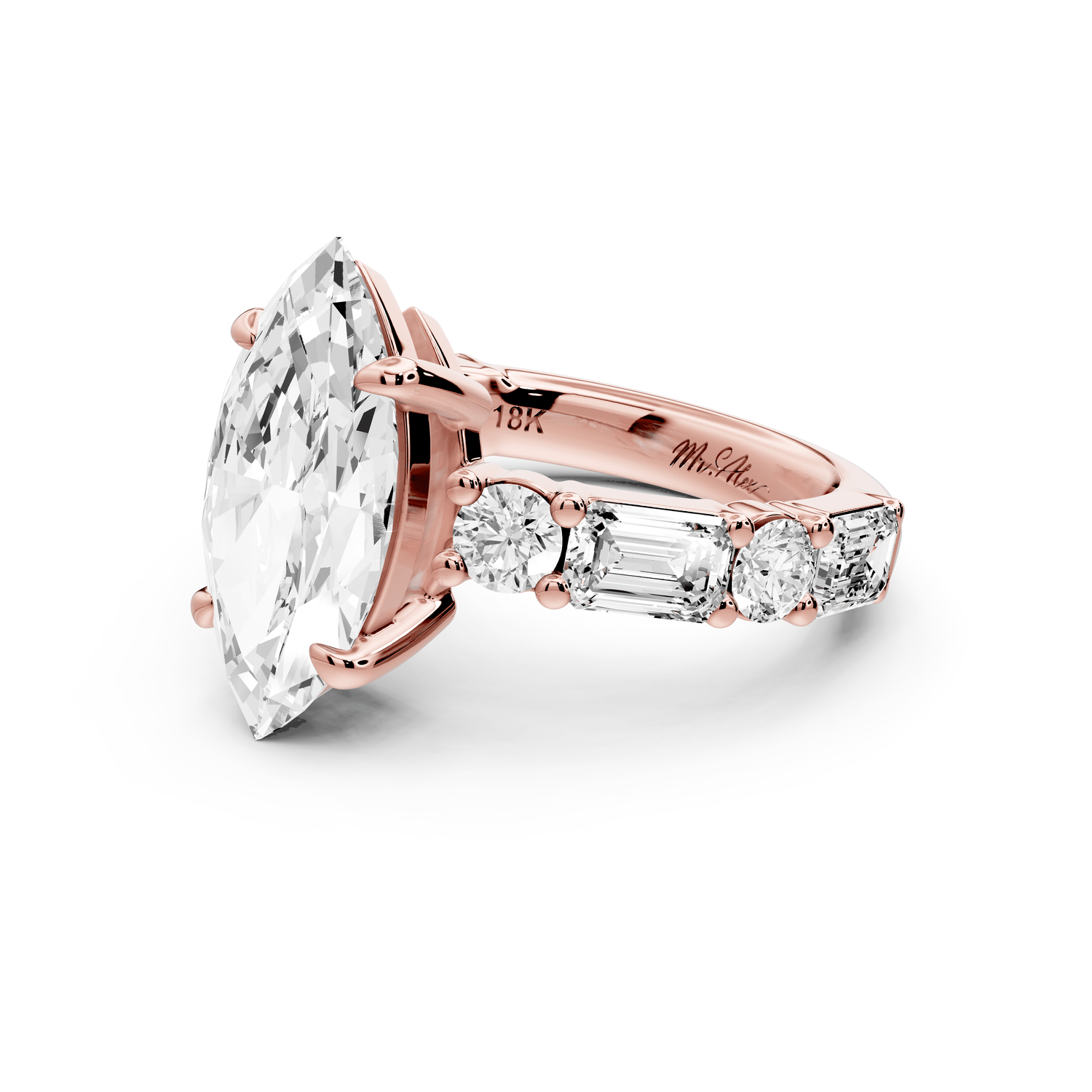 Juliette - 3ct 14k rose gold marquise with Alternating Round and Emerald 8 - Stone Band Engagement Ring - Mr. Alex Jewelry