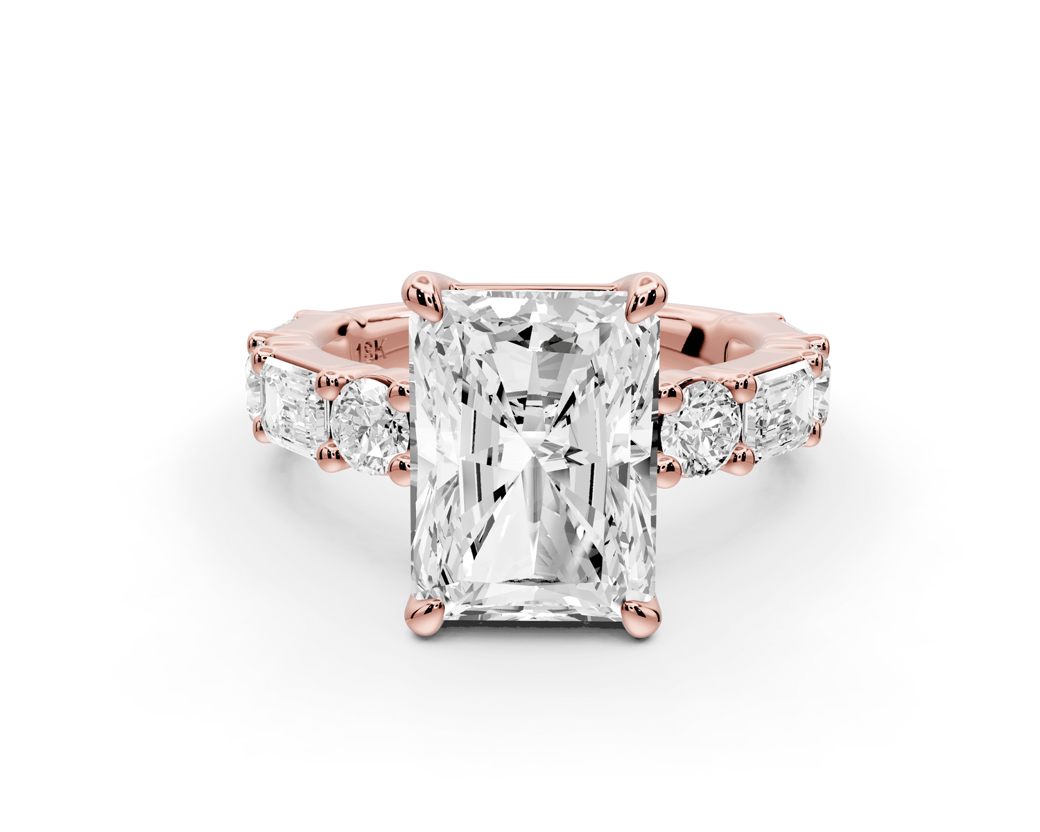 Juliette - 3ct 14k rose gold radiant with Alternating Round and Emerald 8 - Stone Band Engagement Ring - Mr. Alex Jewelry