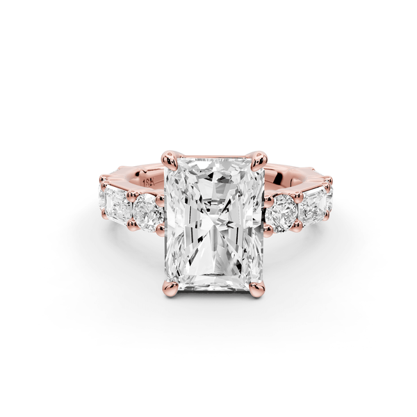 Juliette - 3ct 14k rose gold radiant with Alternating Round and Emerald 8 - Stone Band Engagement Ring - Mr. Alex Jewelry