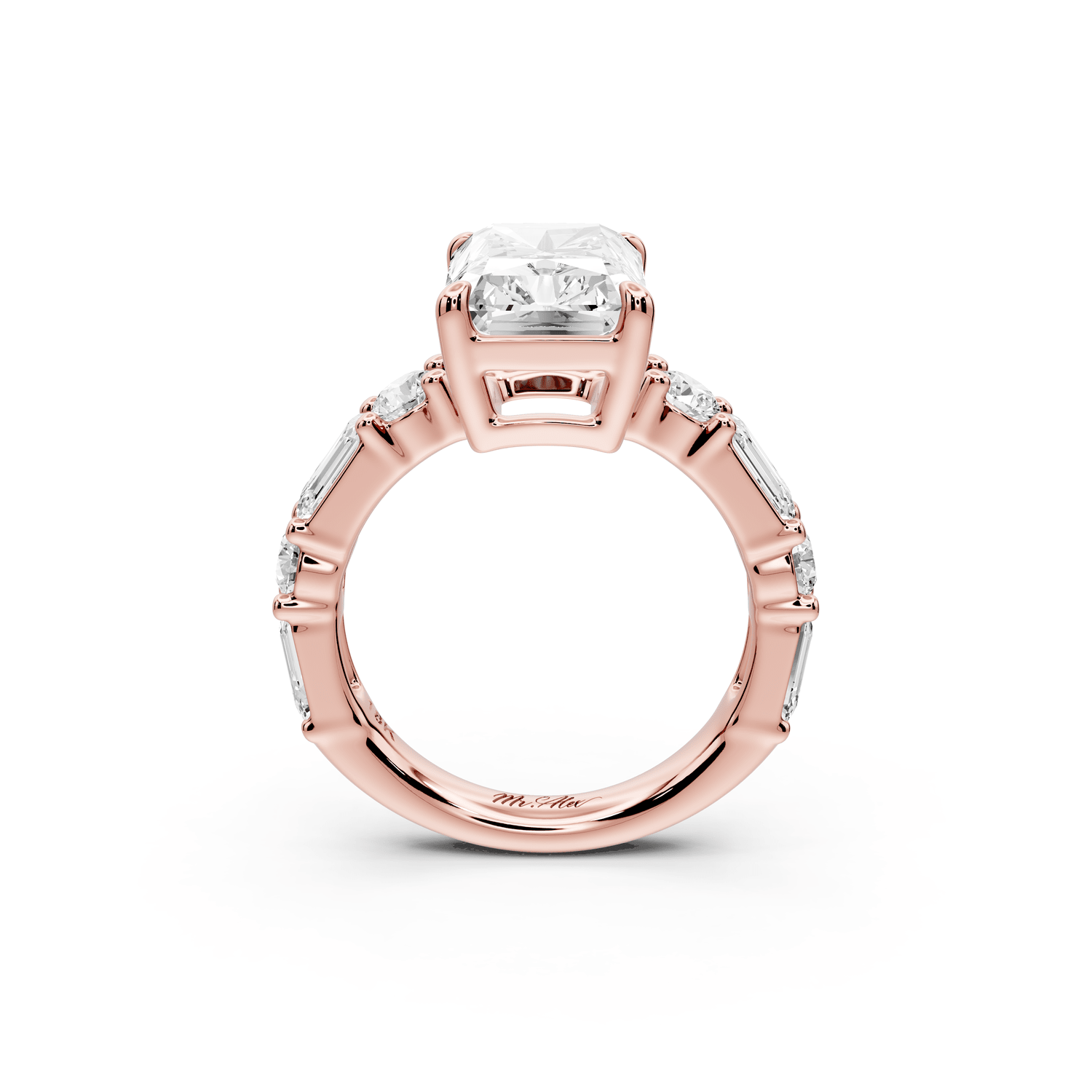 Juliette - 3ct 14k rose gold radiant with Alternating Round and Emerald 8 - Stone Band Engagement Ring - Mr. Alex Jewelry