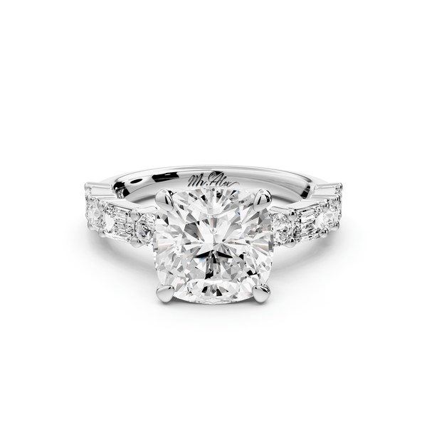 Juliette - 3ct 14k white gold cushion with Alternating Round and Emerald 8 - Stone Band Engagement Ring - Mr. Alex Jewelry