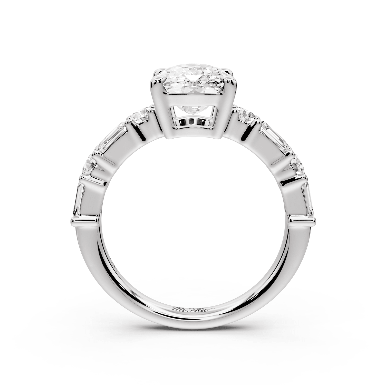 Juliette - 3ct 14k white gold ecushion with Alternating Round and Emerald 8 - Stone Band Engagement Ring - Mr. Alex Jewelry