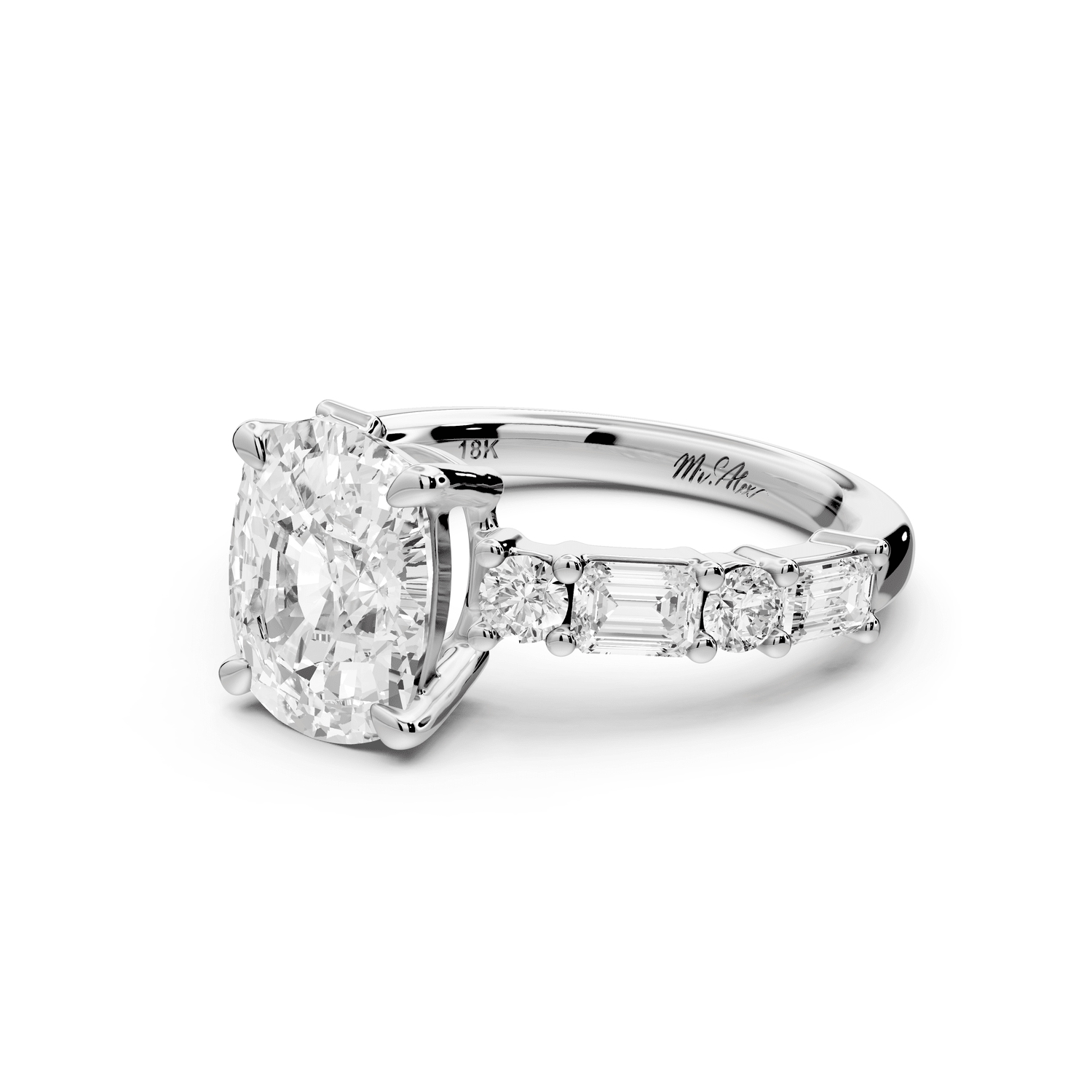 Juliette - 3ct 14k white gold ecushion with Alternating Round and Emerald 8 - Stone Band Engagement Ring - Mr. Alex Jewelry