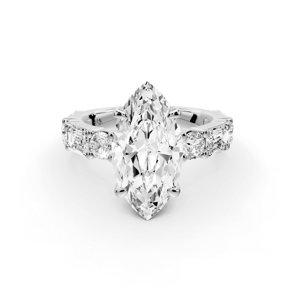 Juliette - 3ct 14k white gold marquise with Alternating Round and Emerald 8 - Stone Band Engagement Ring - Mr. Alex Jewelry
