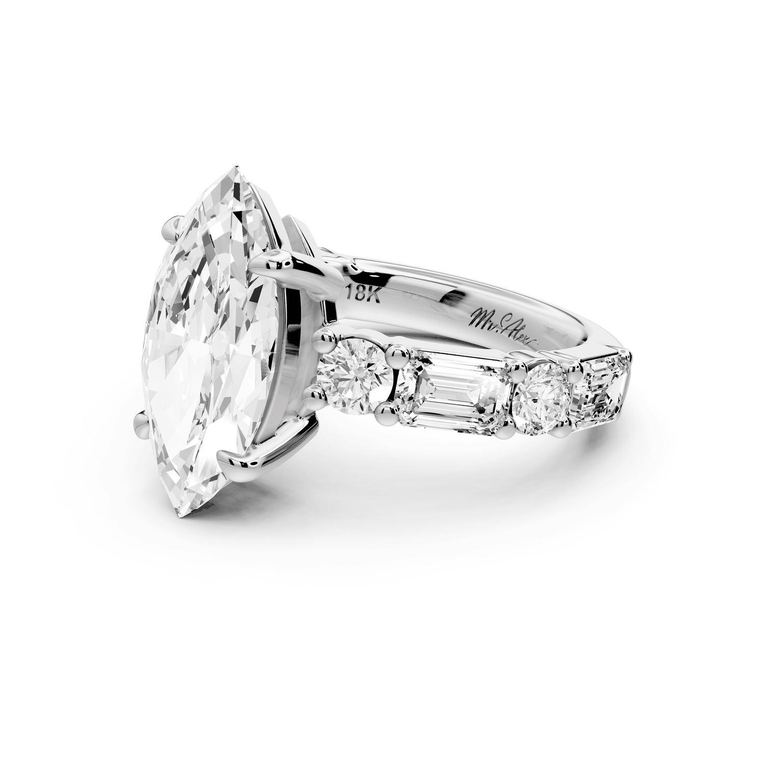 Juliette - 3ct 14k white gold marquise with Alternating Round and Emerald 8 - Stone Band Engagement Ring - Mr. Alex Jewelry