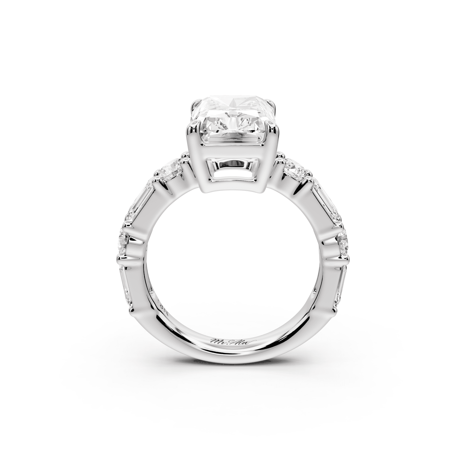 Juliette - 3ct 14k white gold radiant with Alternating Round and Emerald 8 - Stone Band Engagement Ring - Mr. Alex Jewelry