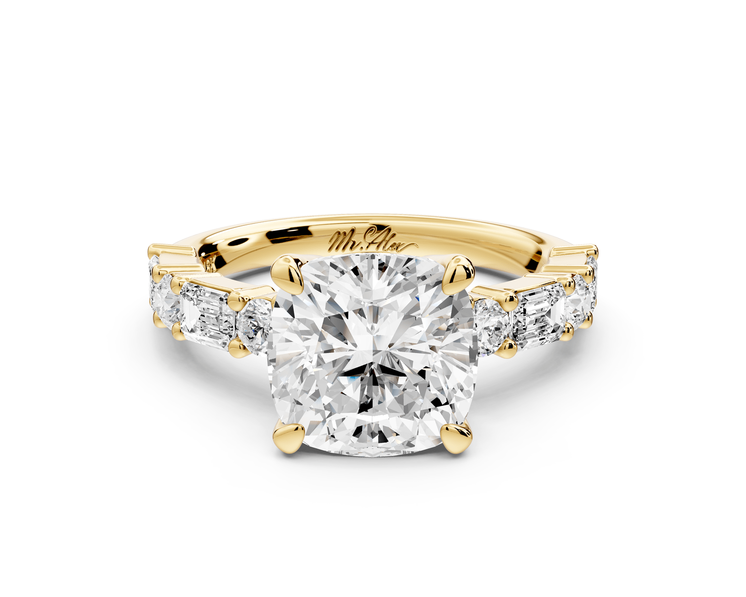 Juliette - 3ct 14k yellow gold cushion with Alternating Round and Emerald 8 - Stone Band Engagement Ring - Mr. Alex Jewelry
