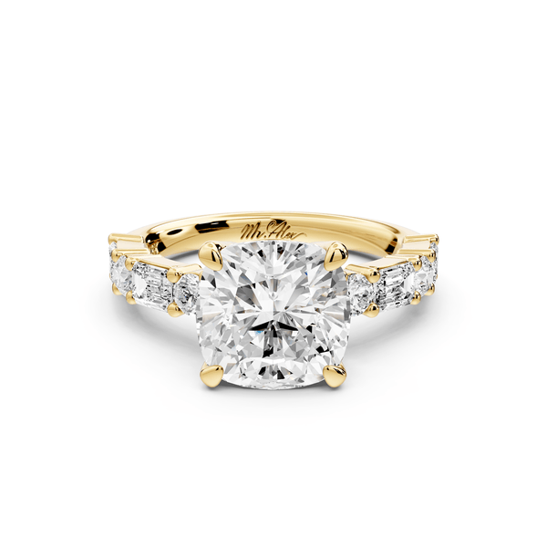 Juliette - 3ct 14k yellow gold cushion with Alternating Round and Emerald 8 - Stone Band Engagement Ring - Mr. Alex Jewelry
