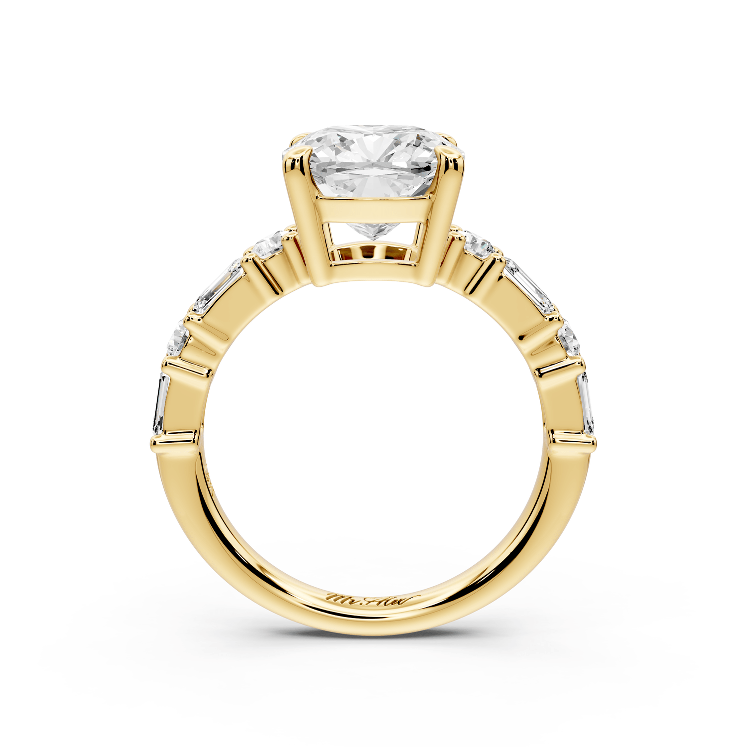 Juliette - 3ct 14k yellow gold cushion with Alternating Round and Emerald 8 - Stone Band Engagement Ring - Mr. Alex Jewelry