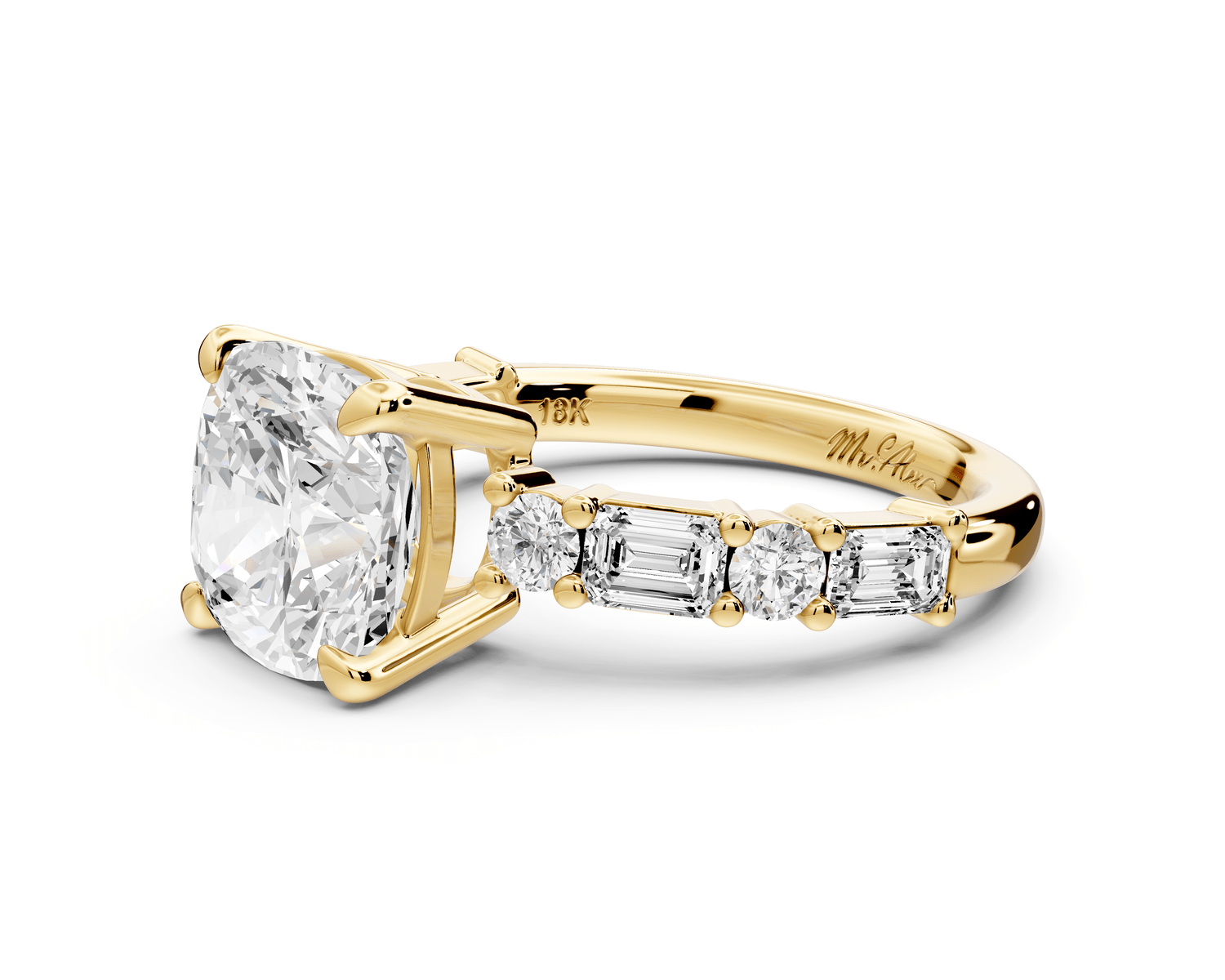 Juliette - 3ct 14k yellow gold cushion with Alternating Round and Emerald 8 - Stone Band Engagement Ring - Mr. Alex Jewelry
