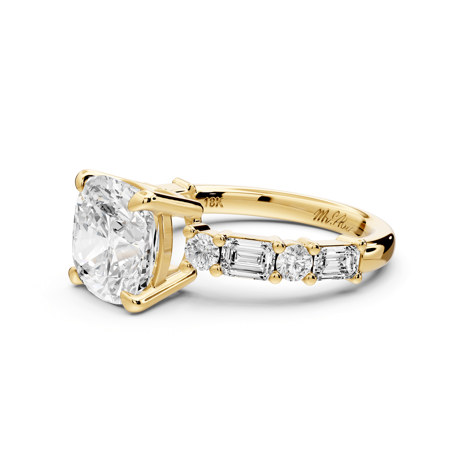 Juliette - 3ct 14k yellow gold cushion with Alternating Round and Emerald 8 - Stone Band Engagement Ring - Mr. Alex Jewelry