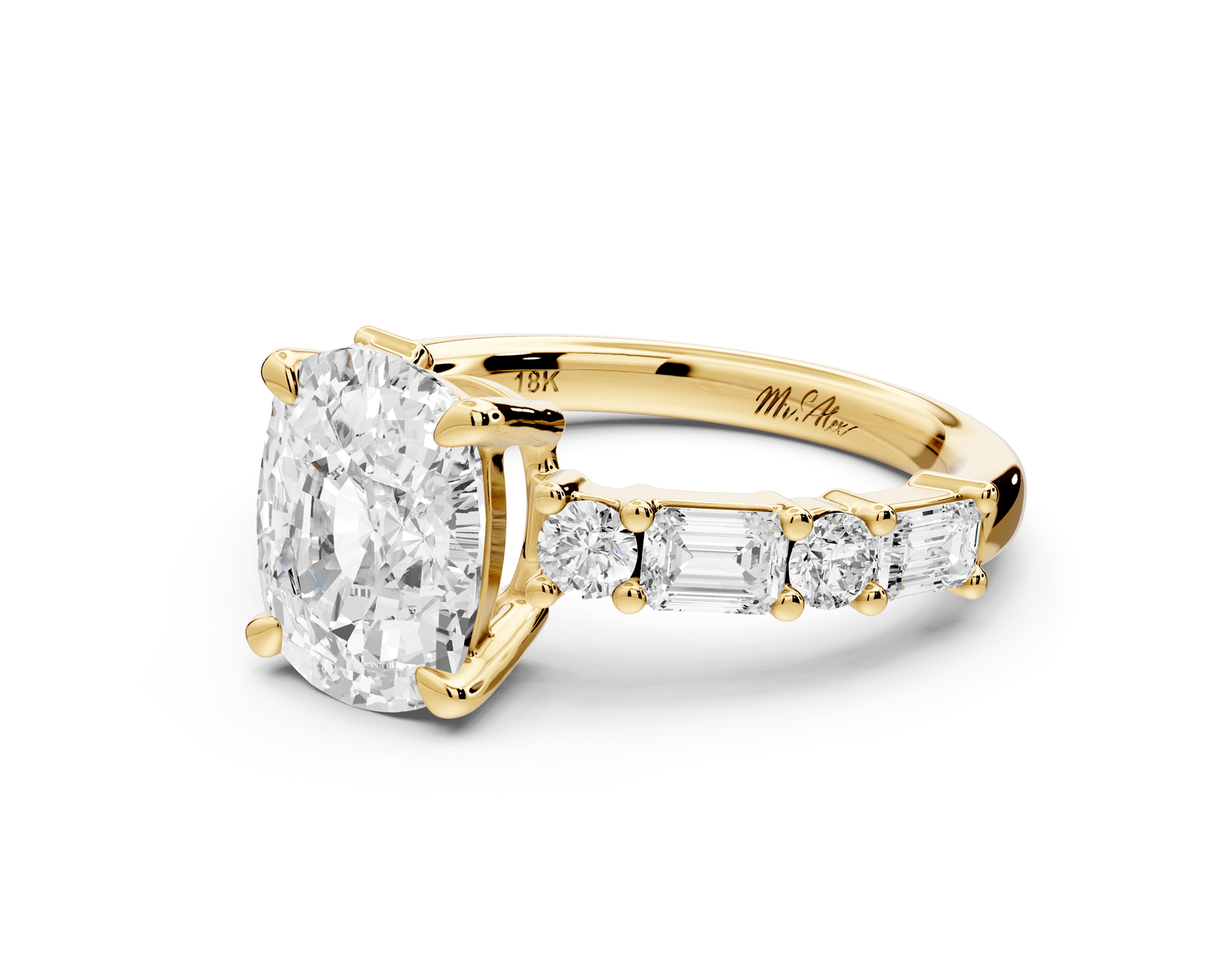 Juliette - 3ct 14k yellow gold ecushion with Alternating Round and Emerald 8 - Stone Band Engagement Ring - Mr. Alex Jewelry