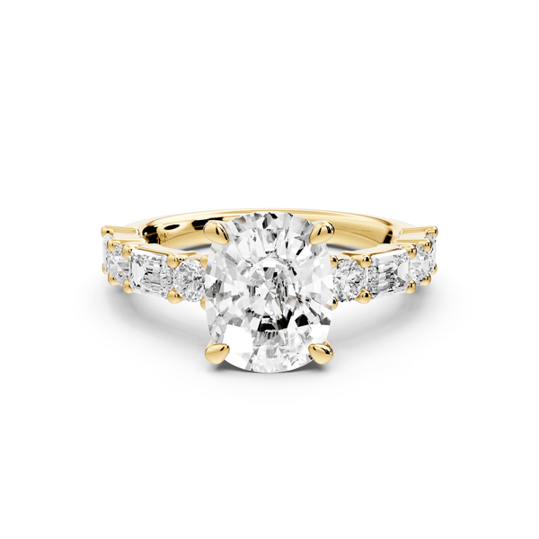 Juliette - 3ct 14k yellow gold ecushion with Alternating Round and Emerald 8 - Stone Band Engagement Ring - Mr. Alex Jewelry