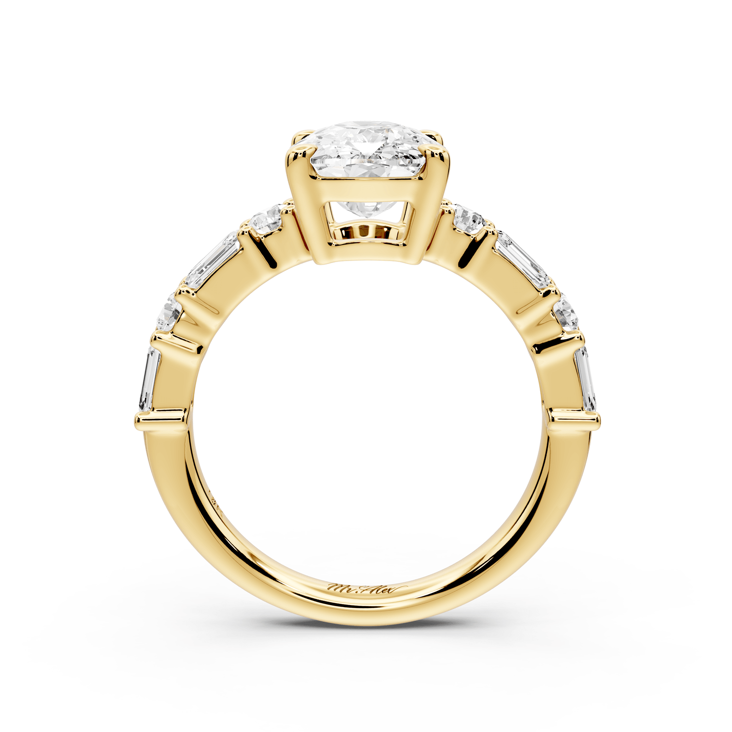 Juliette - 3ct 14k yellow gold ecushion with Alternating Round and Emerald 8 - Stone Band Engagement Ring - Mr. Alex Jewelry