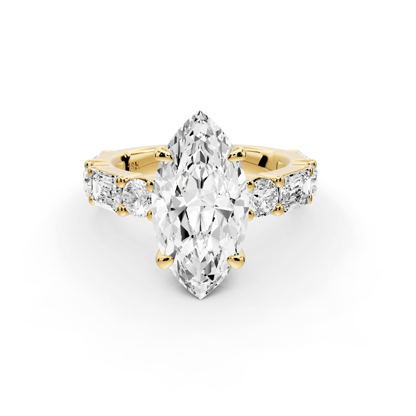 Juliette - 3ct 14k yellow gold marquise with Alternating Round and Emerald 8 - Stone Band Engagement Ring - Mr. Alex Jewelry