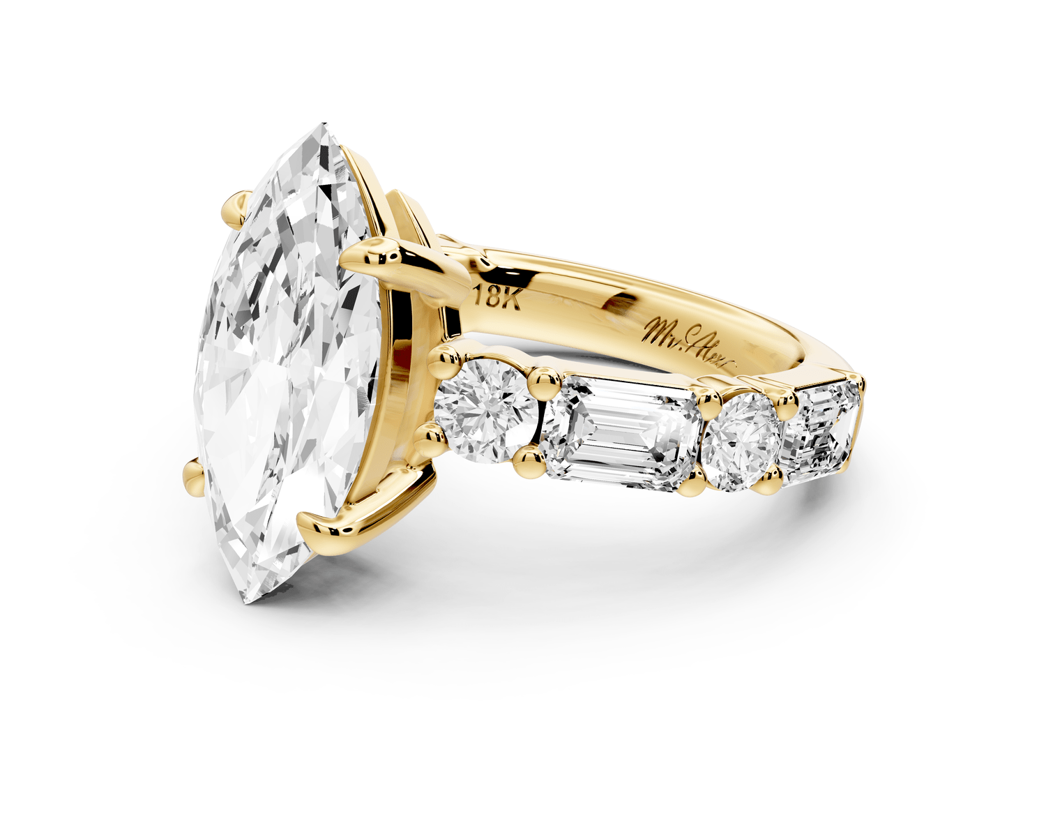 Juliette - 3ct 14k yellow gold marquise with Alternating Round and Emerald 8 - Stone Band Engagement Ring - Mr. Alex Jewelry