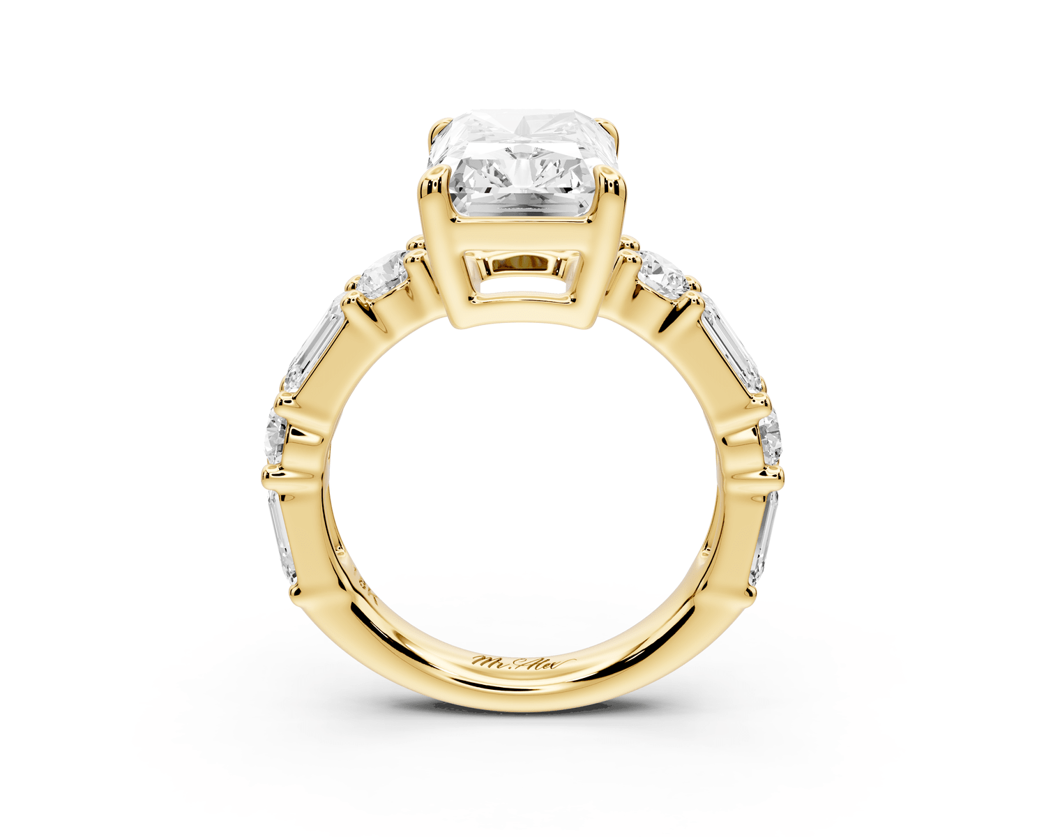 Juliette - 3ct 14k yellow gold radiant with Alternating Round and Emerald 8 - Stone Band Engagement Ring - Mr. Alex Jewelry