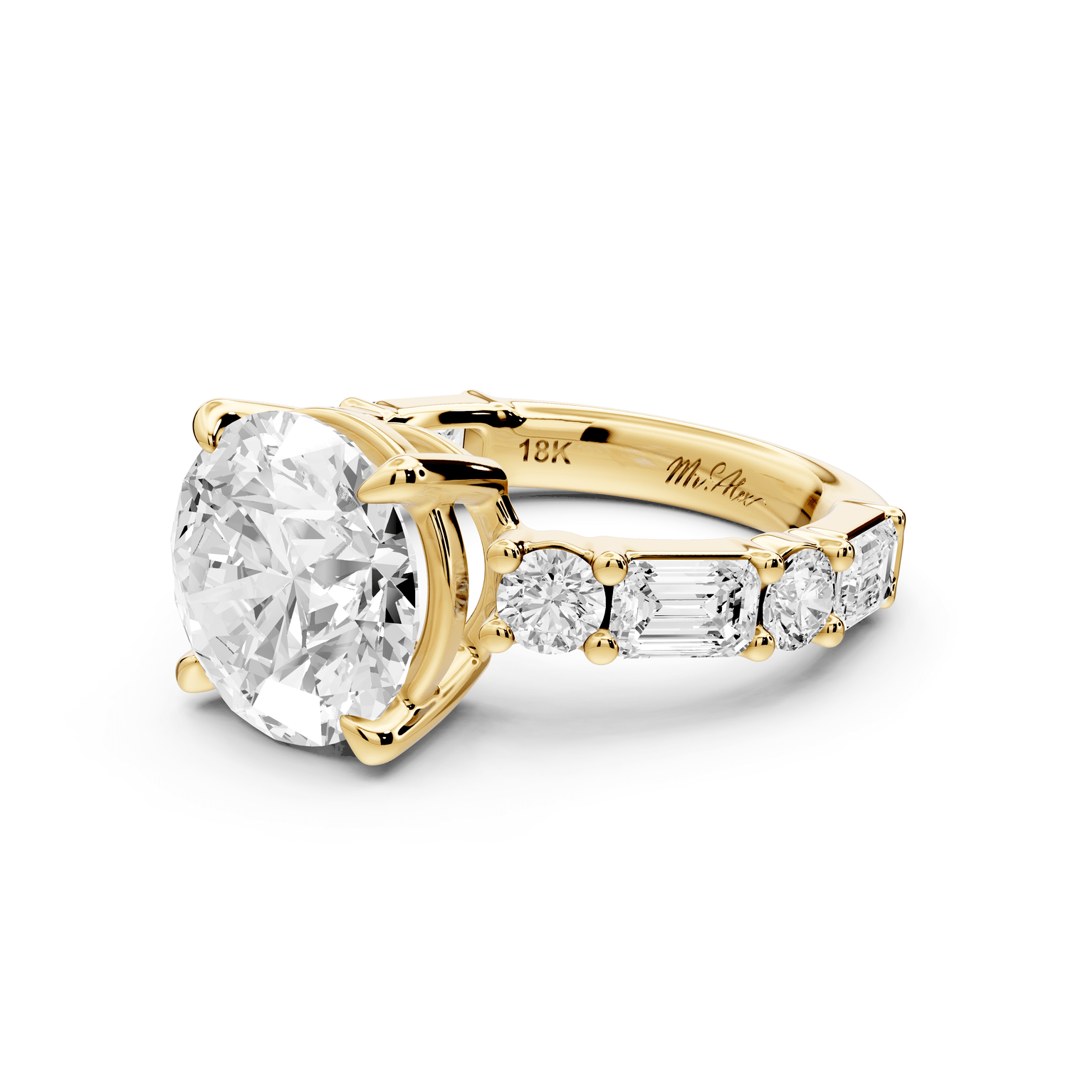 Juliette - 3ct 14k yellow gold round with Alternating Round and Emerald 8 - Stone Band Engagement Ring - Mr. Alex Jewelry