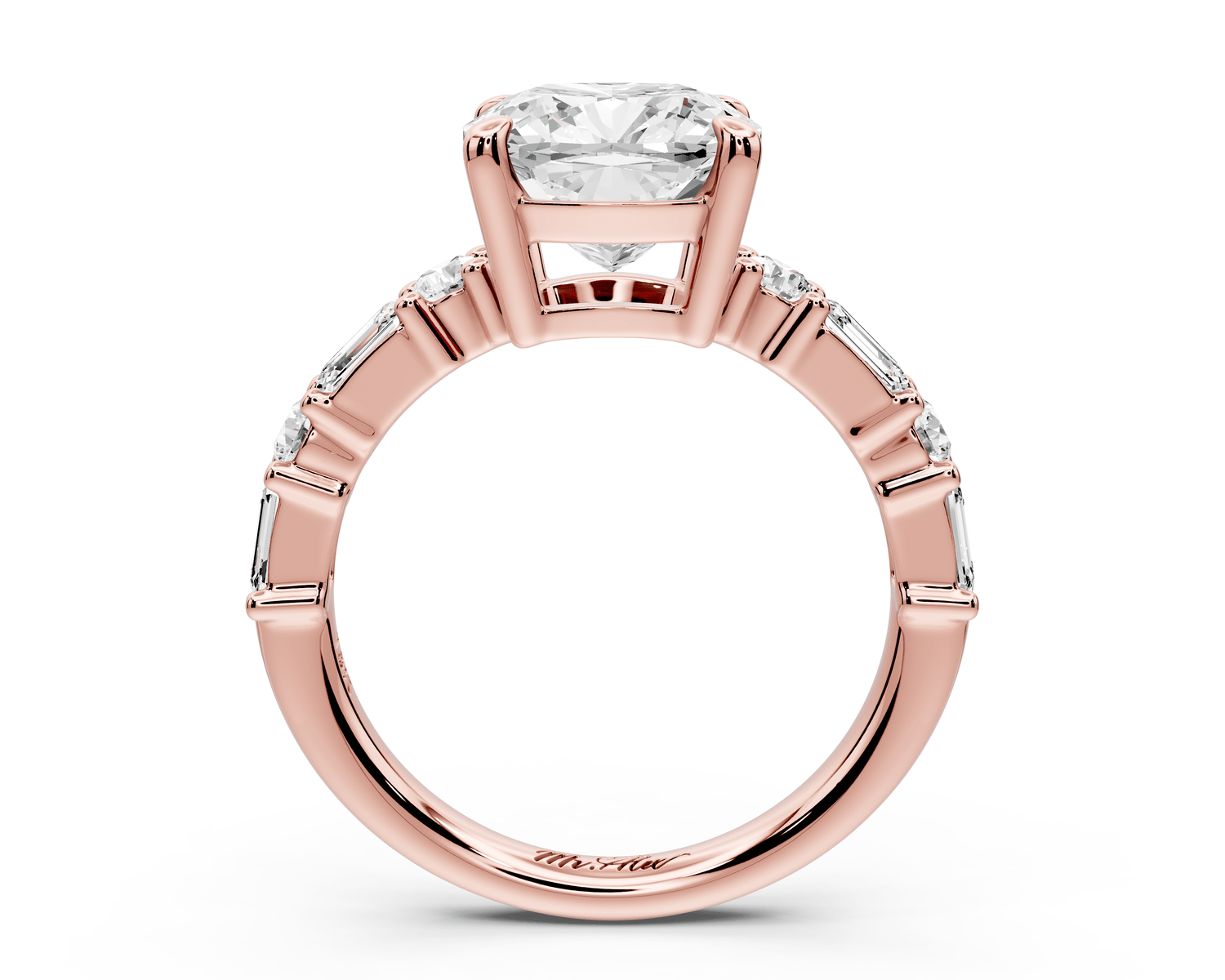 Juliette - 3ct 18k rose gold cushion with Alternating Round and Emerald 8 - Stone Band Engagement Ring - Mr. Alex Jewelry