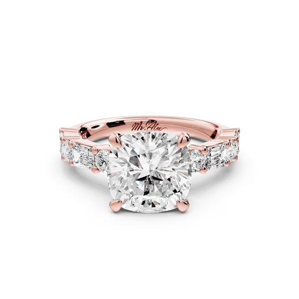 Juliette - 3ct 18k rose gold cushion with Alternating Round and Emerald 8 - Stone Band Engagement Ring - Mr. Alex Jewelry