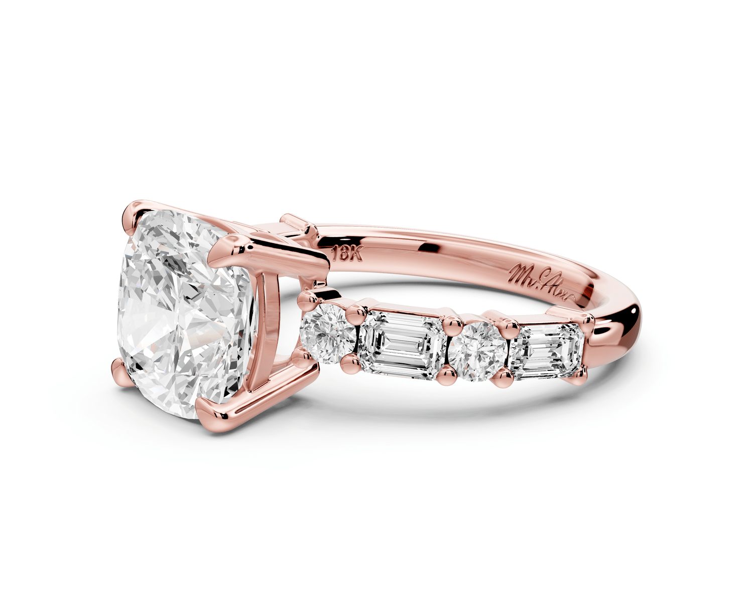 Juliette - 3ct 18k rose gold cushion with Alternating Round and Emerald 8 - Stone Band Engagement Ring - Mr. Alex Jewelry
