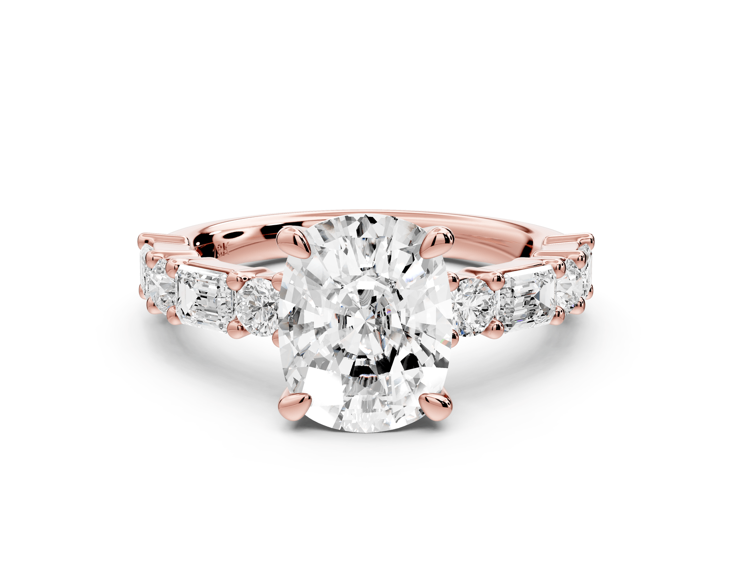 Juliette - 3ct 18k rose gold ecushion with Alternating Round and Emerald 8 - Stone Band Engagement Ring - Mr. Alex Jewelry
