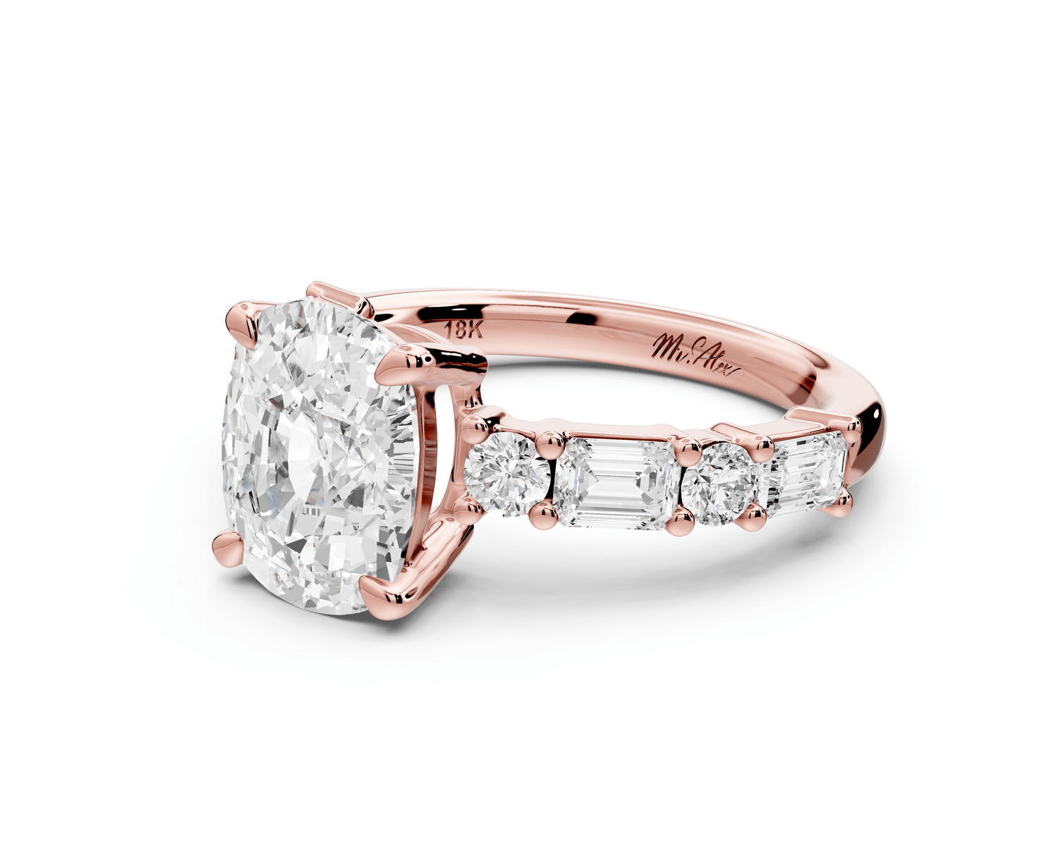 Juliette - 3ct 18k rose gold ecushion with Alternating Round and Emerald 8 - Stone Band Engagement Ring - Mr. Alex Jewelry