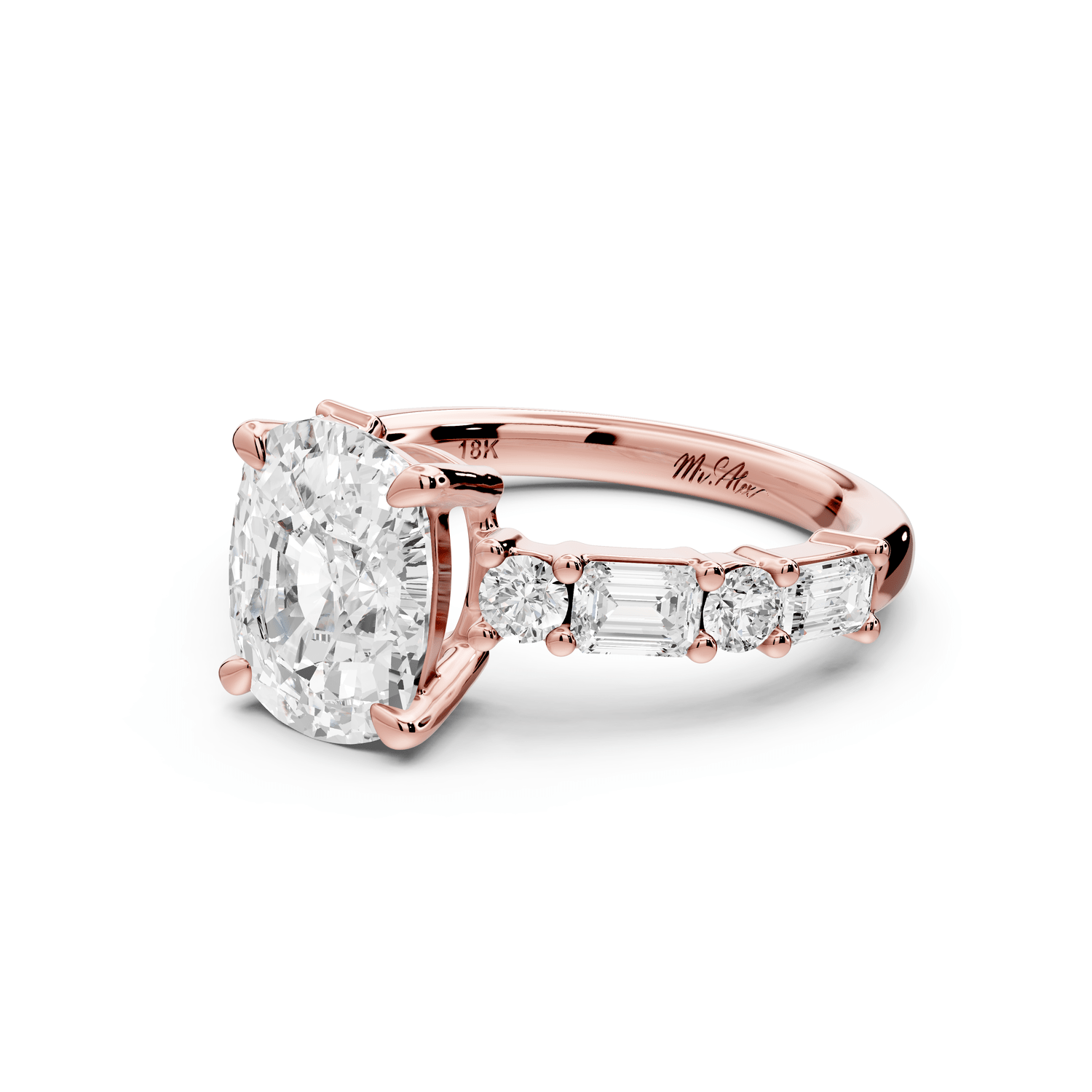 Juliette - 3ct 18k rose gold ecushion with Alternating Round and Emerald 8 - Stone Band Engagement Ring - Mr. Alex Jewelry
