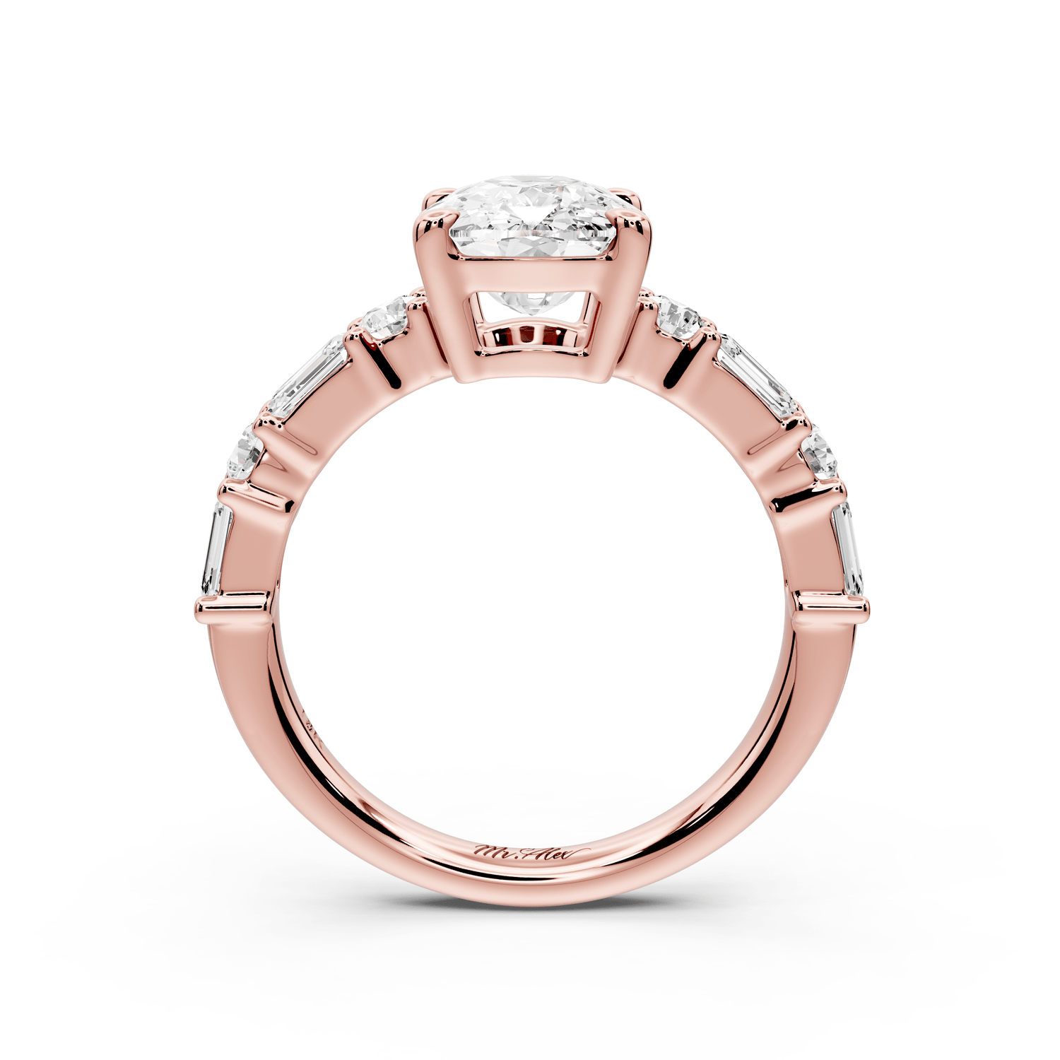 Juliette - 3ct 18k rose gold ecushion with Alternating Round and Emerald 8 - Stone Band Engagement Ring - Mr. Alex Jewelry