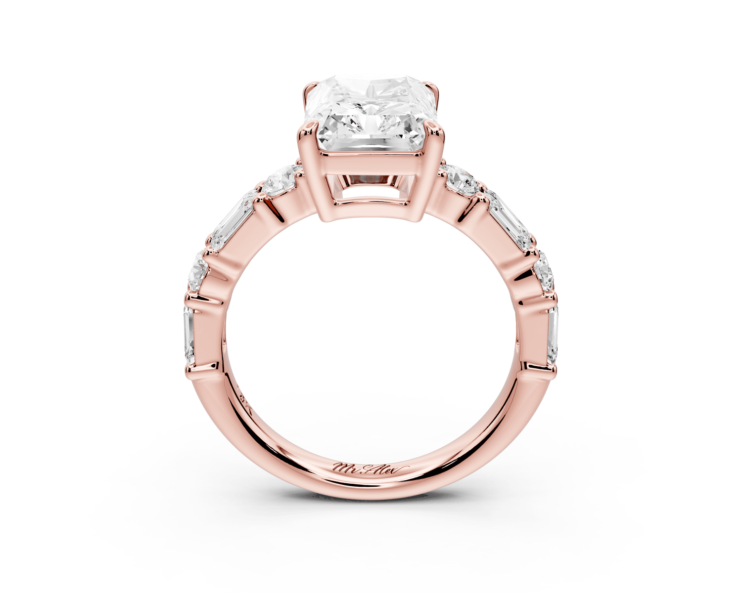 Juliette - 3ct 18k rose gold emerald with Alternating Round and Emerald 8 - Stone Band Engagement Ring - Mr. Alex Jewelry