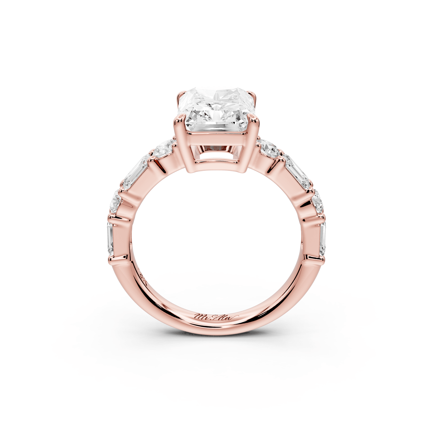 Juliette - 3ct 18k rose gold emerald with Alternating Round and Emerald 8 - Stone Band Engagement Ring - Mr. Alex Jewelry