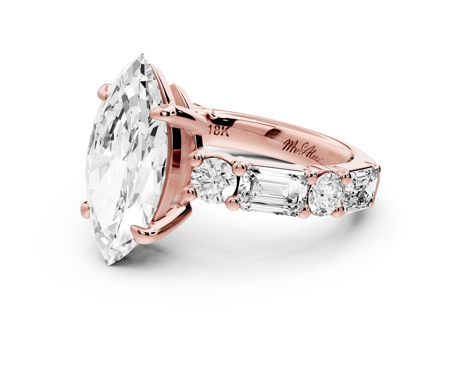 Juliette - 3ct 18k rose gold marquise with Alternating Round and Emerald 8 - Stone Band Engagement Ring - Mr. Alex Jewelry