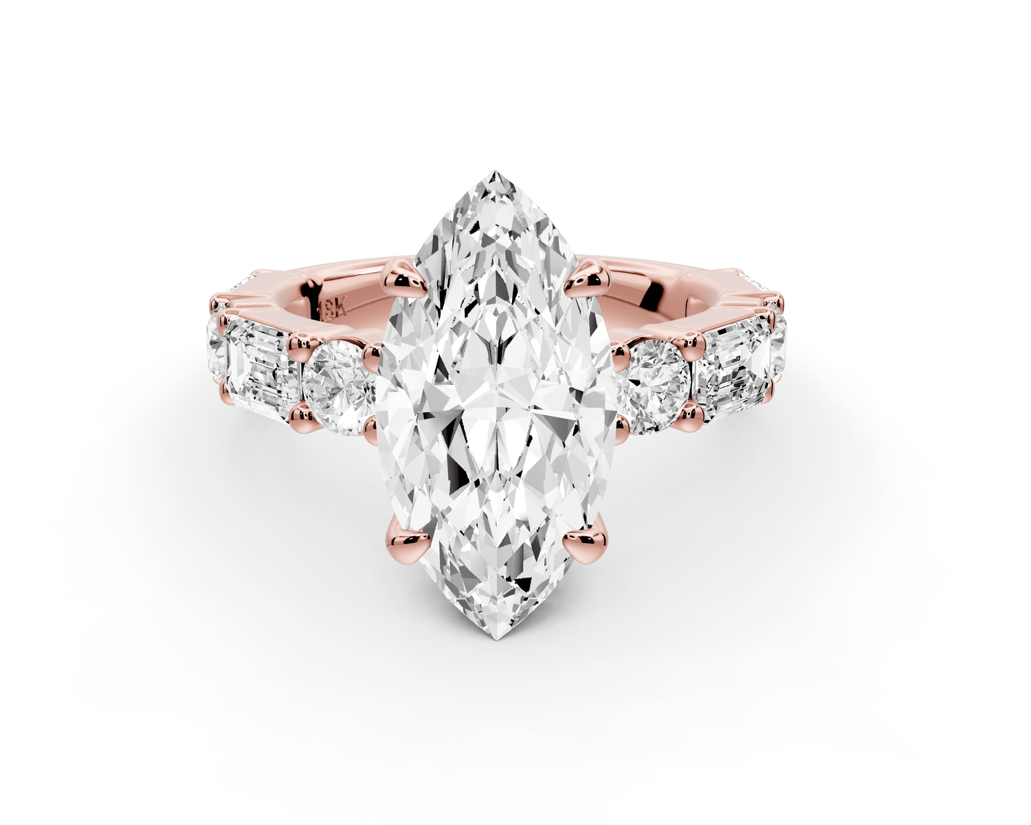 Juliette - 3ct 18k rose gold marquise with Alternating Round and Emerald 8 - Stone Band Engagement Ring - Mr. Alex Jewelry